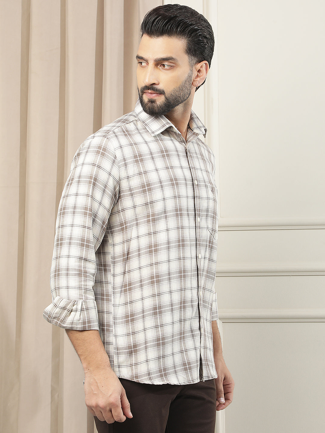 Brown Checked Linen Shirt