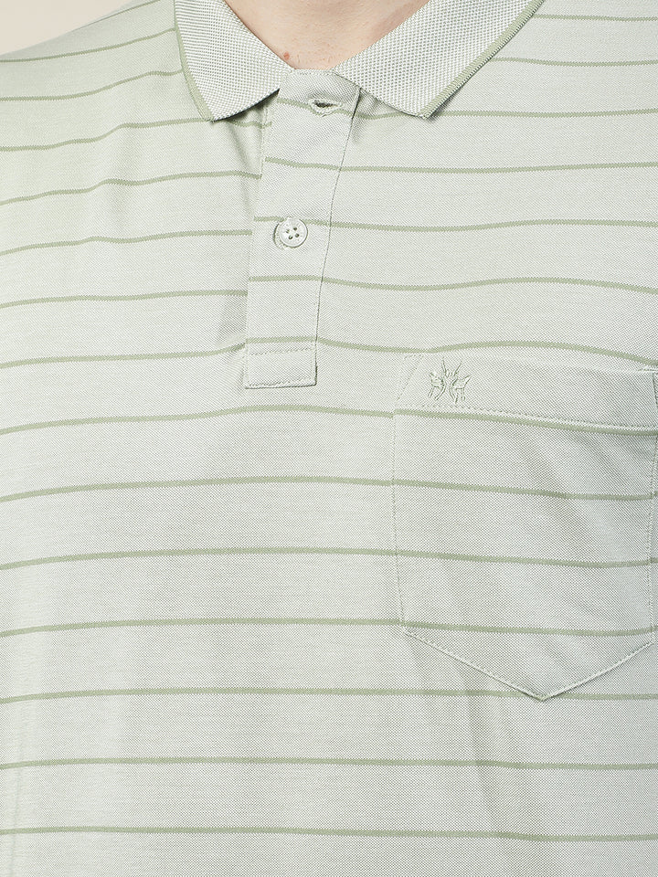 Beige Horizontal Stripes Polo Neck T-Shirt