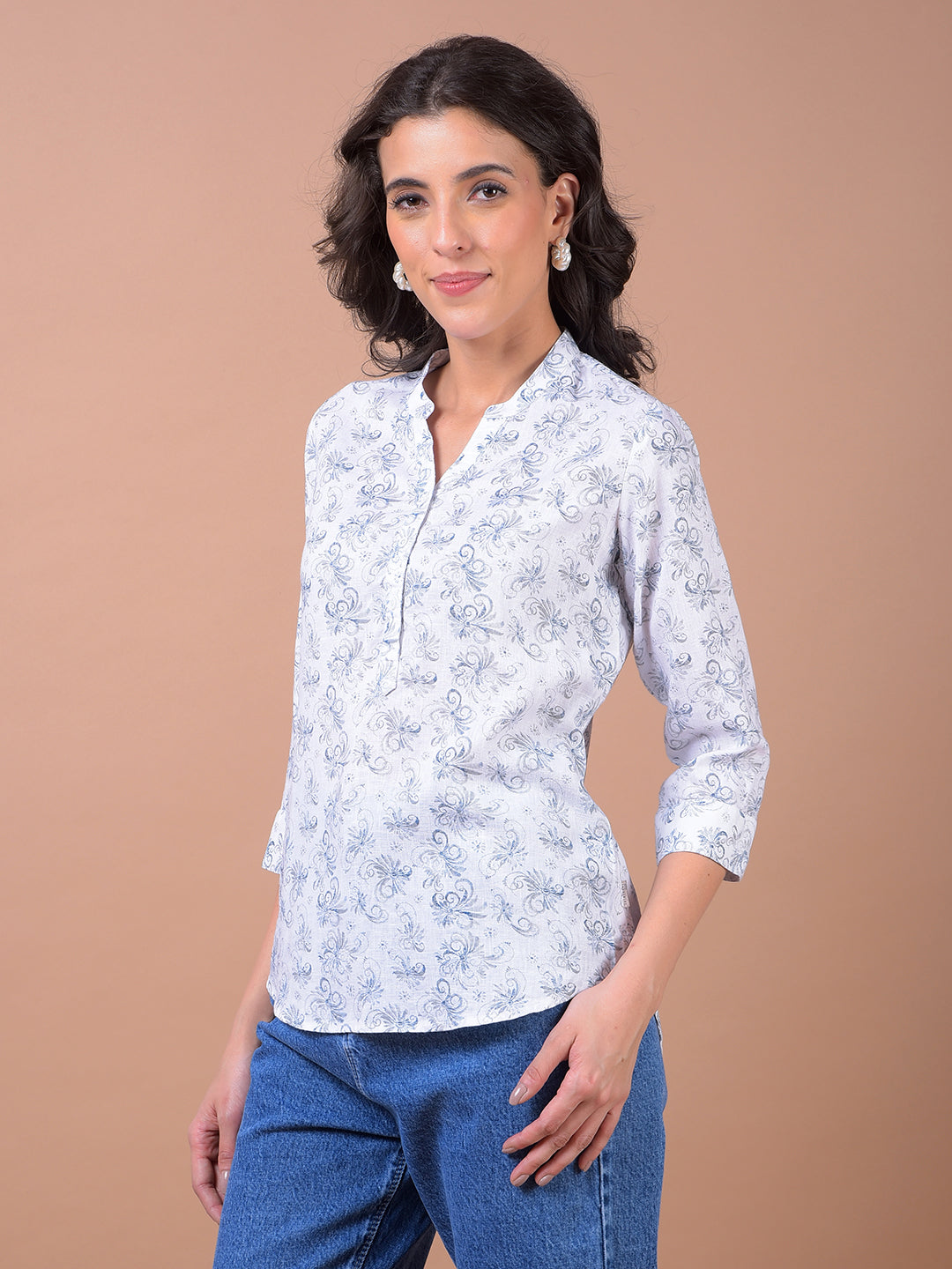 White Floral Print V-Neck Linen Top