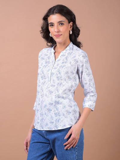 White Floral Print V-Neck Linen Top