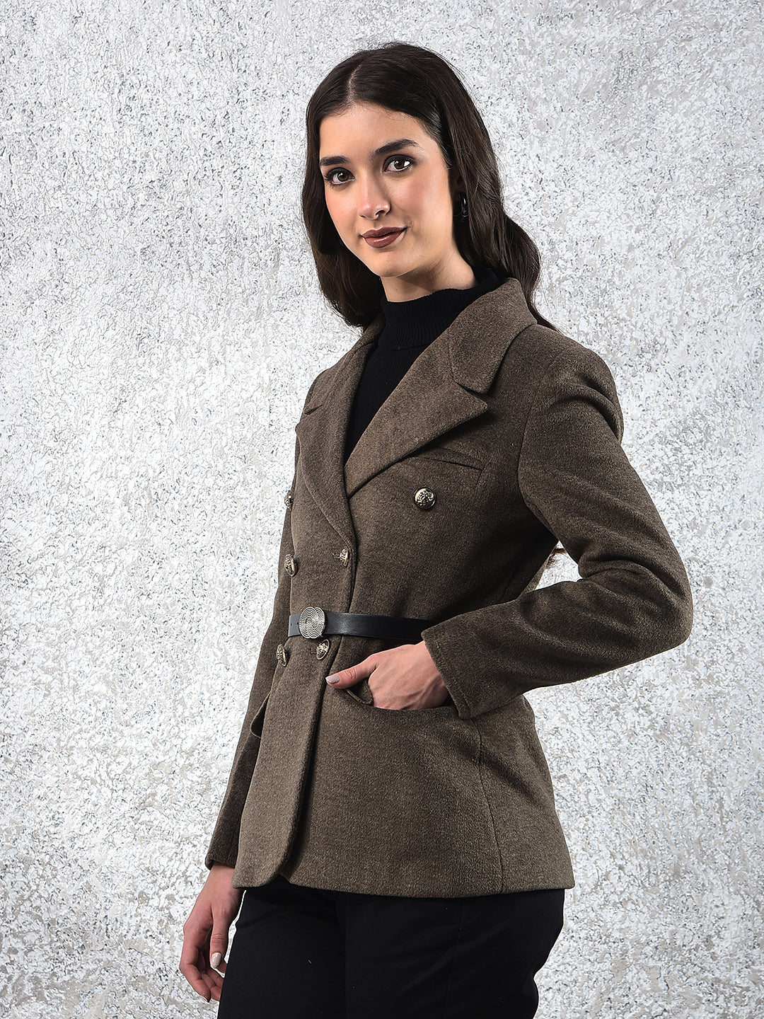 Brown Notched Lapel Double-Breasted Coat With Belt
