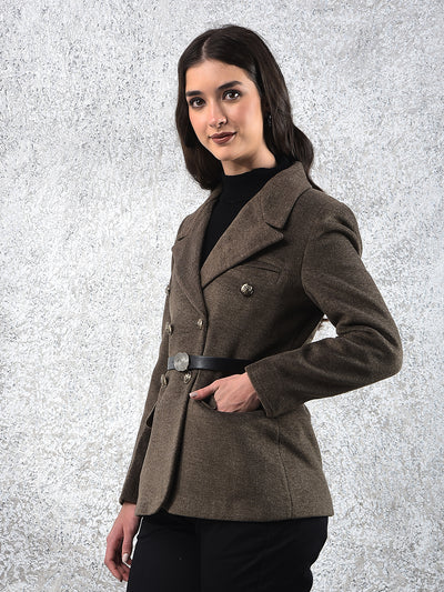 Brown Notched Lapel Double-Breasted Coat With Belt