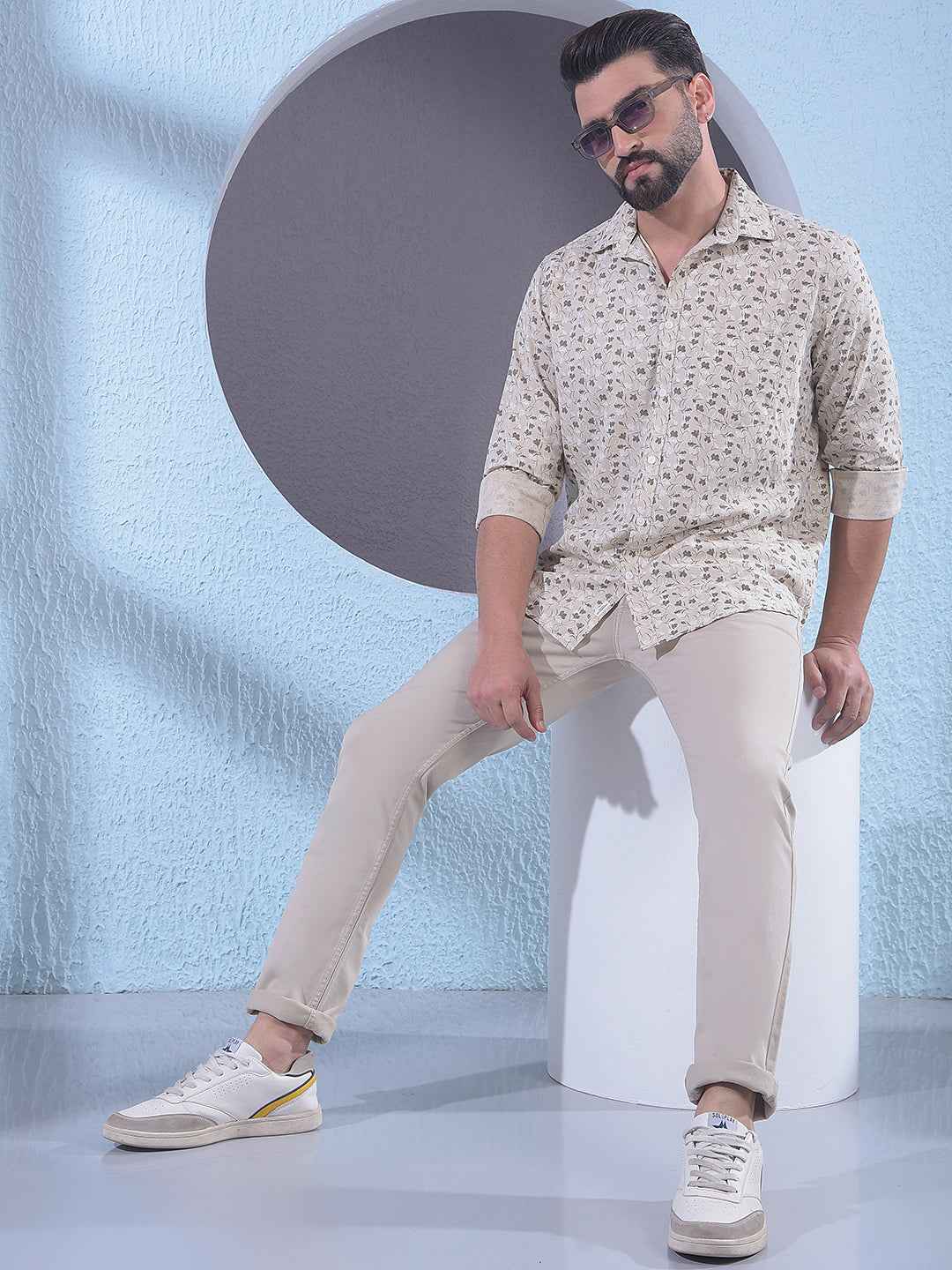 Beige Linen Floral Print Shirt