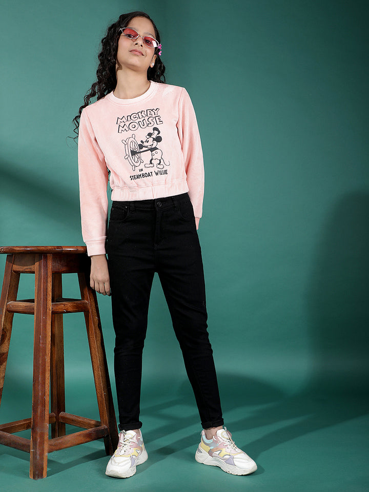 Pink Graphic Print Crop-Length Sweatshirt-Girls Sweatshirts-Crimsoune Club