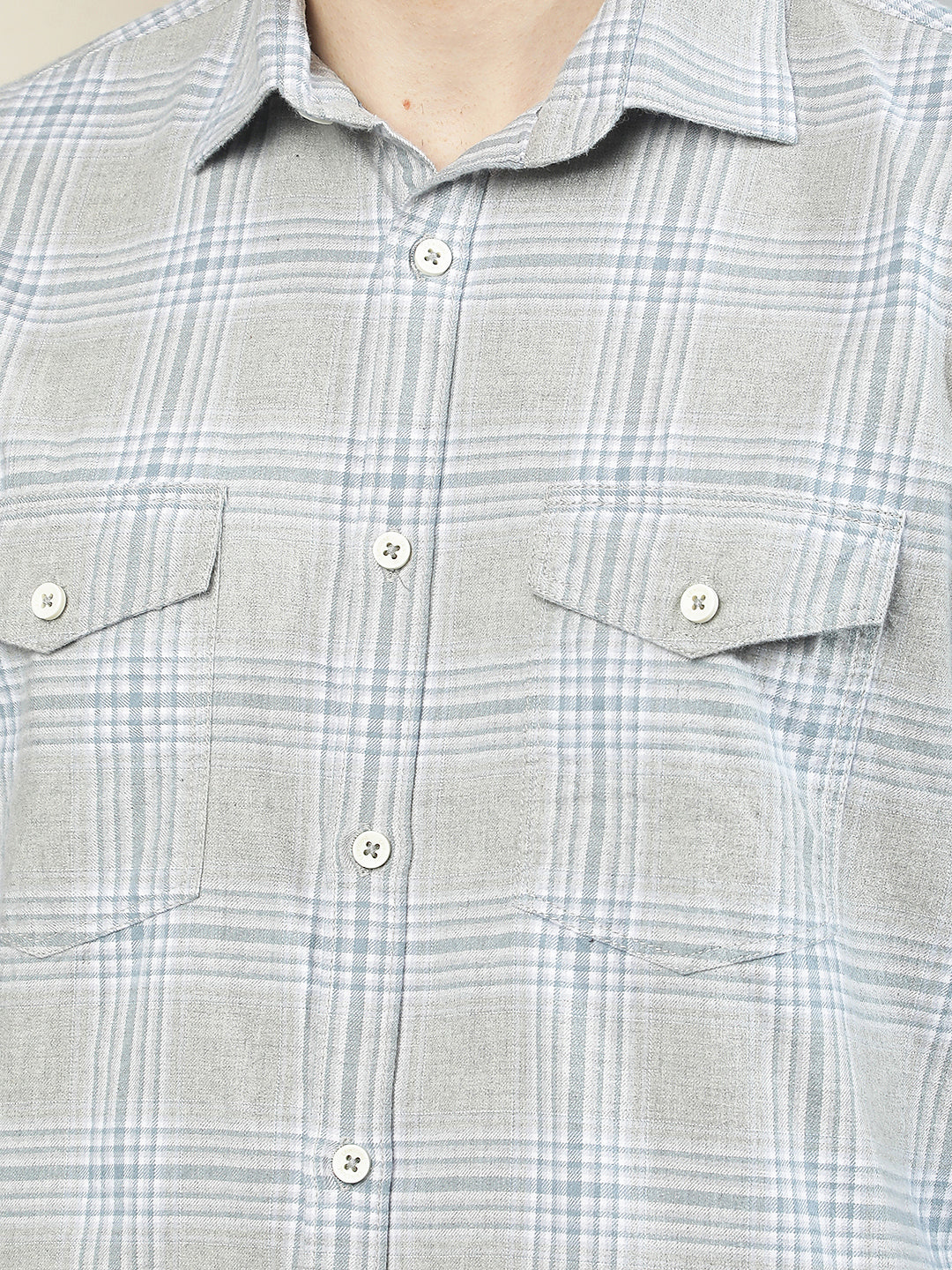 Grey Checked 100% Cotton Double Pocket Shirt