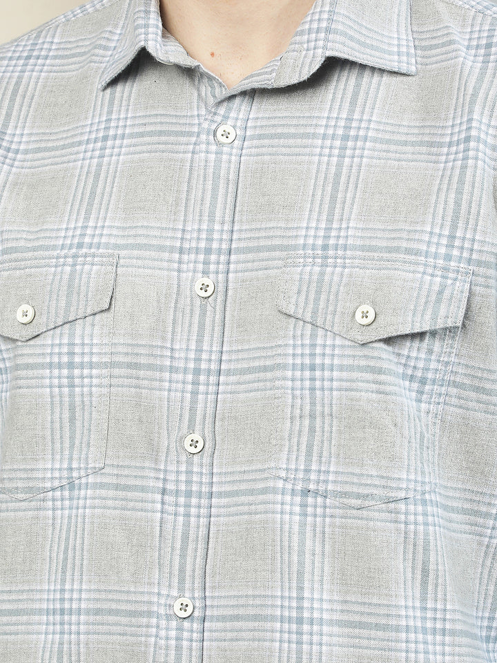 Grey Checked 100% Cotton Double Pocket Shirt