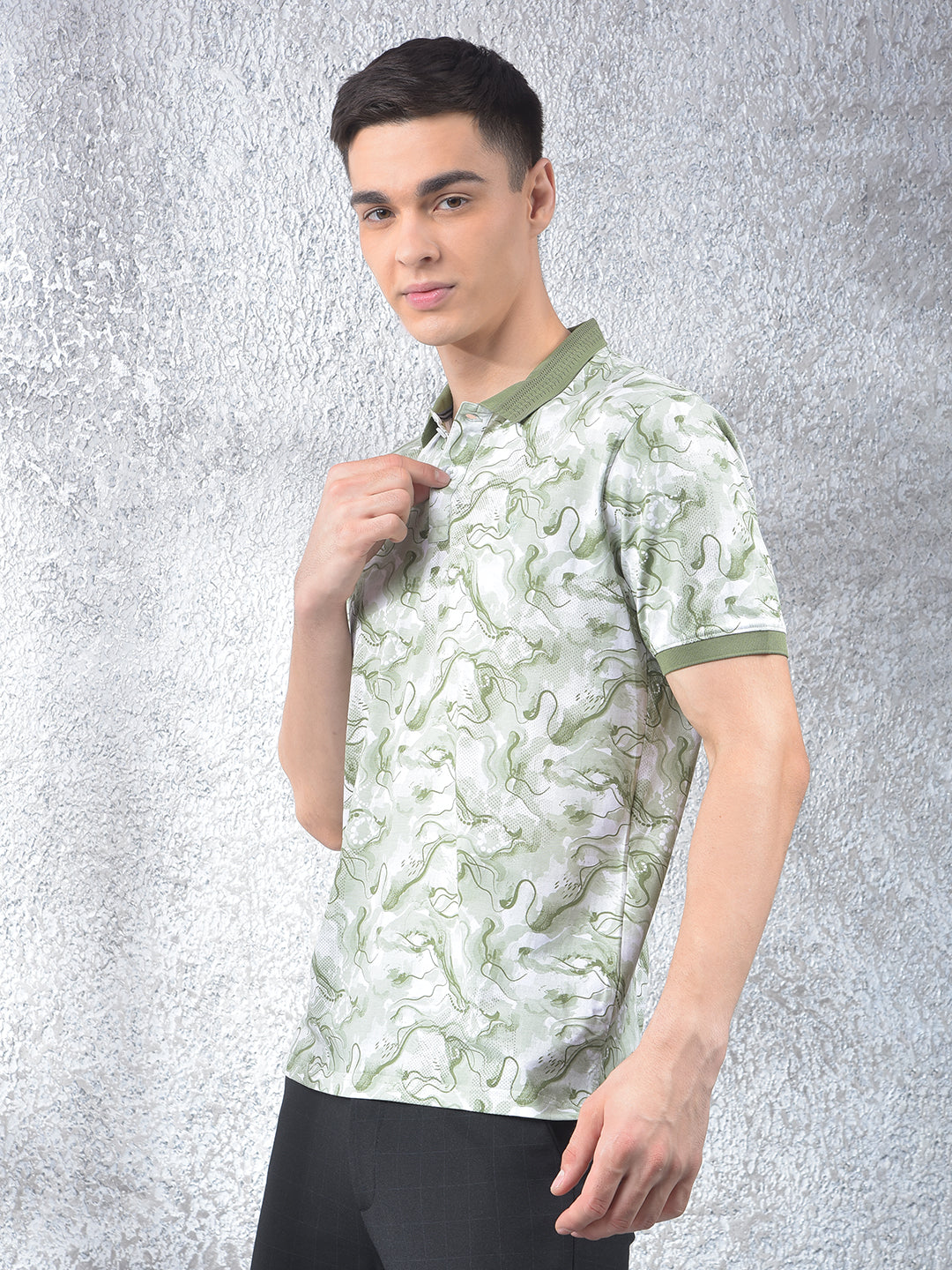 Green Abstract Print Polo Neck T-Shirt