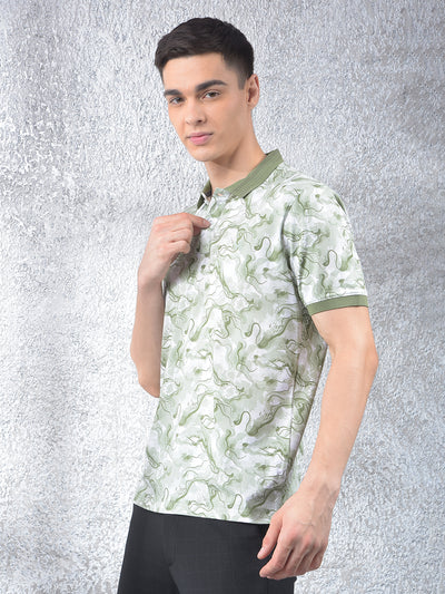 Green Abstract Print Polo Neck T-Shirt