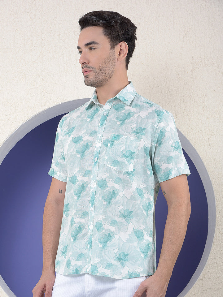 Green Floral Print Linen Shirt