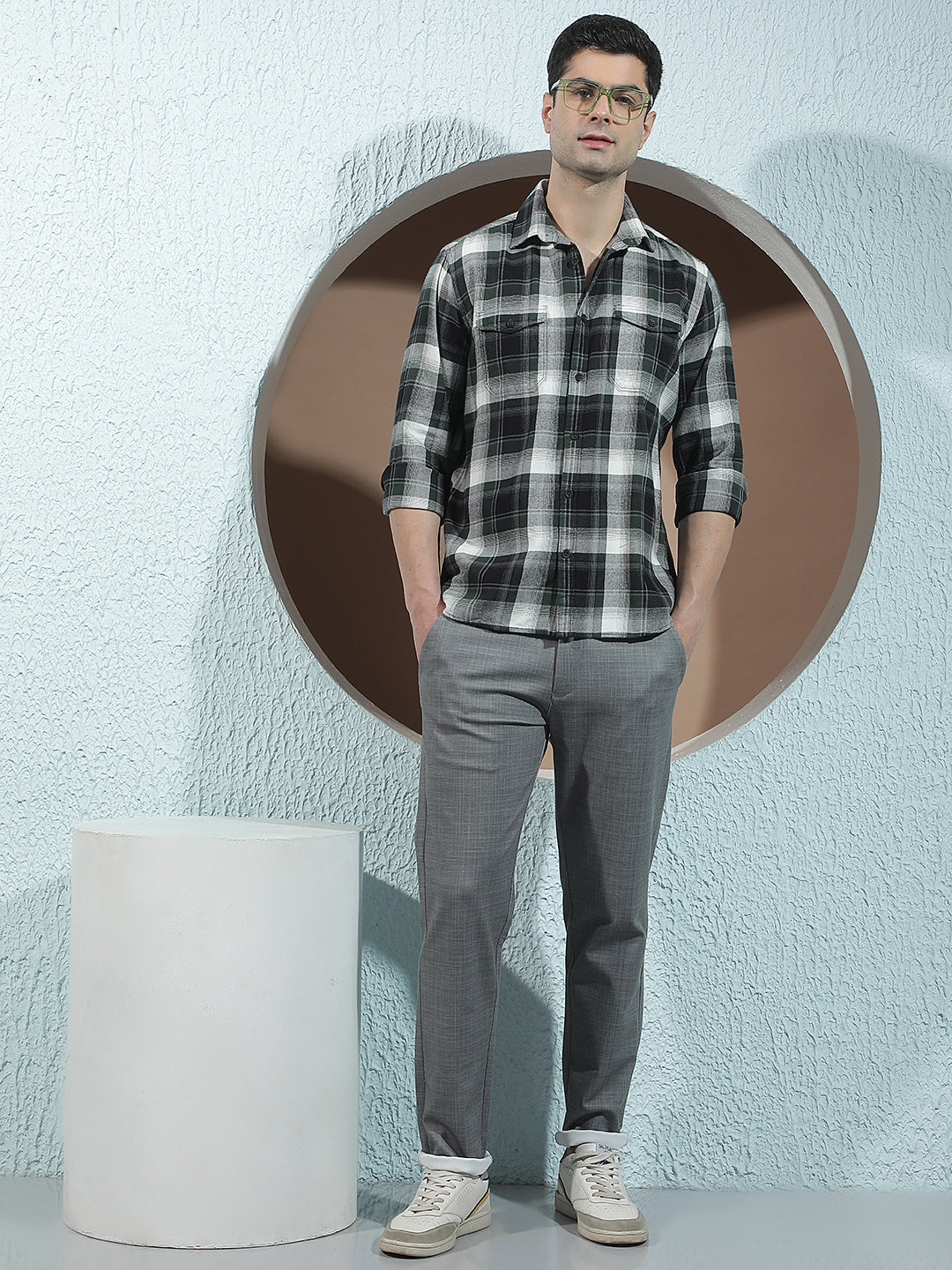 Green Checked 100% Cotton Double Pocket Shirt