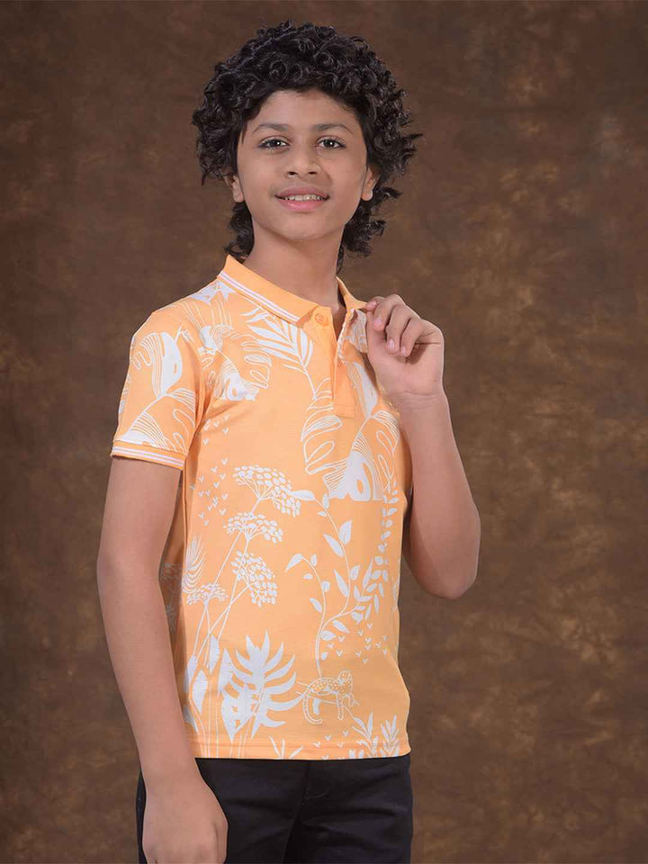 Peach Floral Print Polo Neck T-Shirt