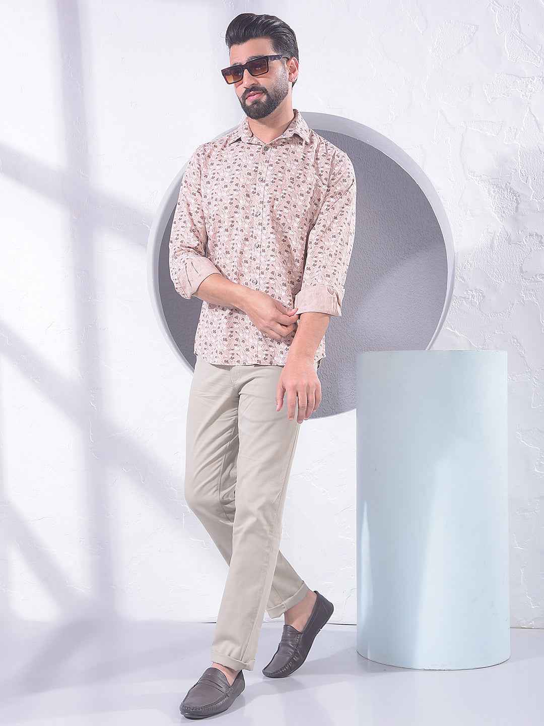 Peach Floral Print Linen Shirt