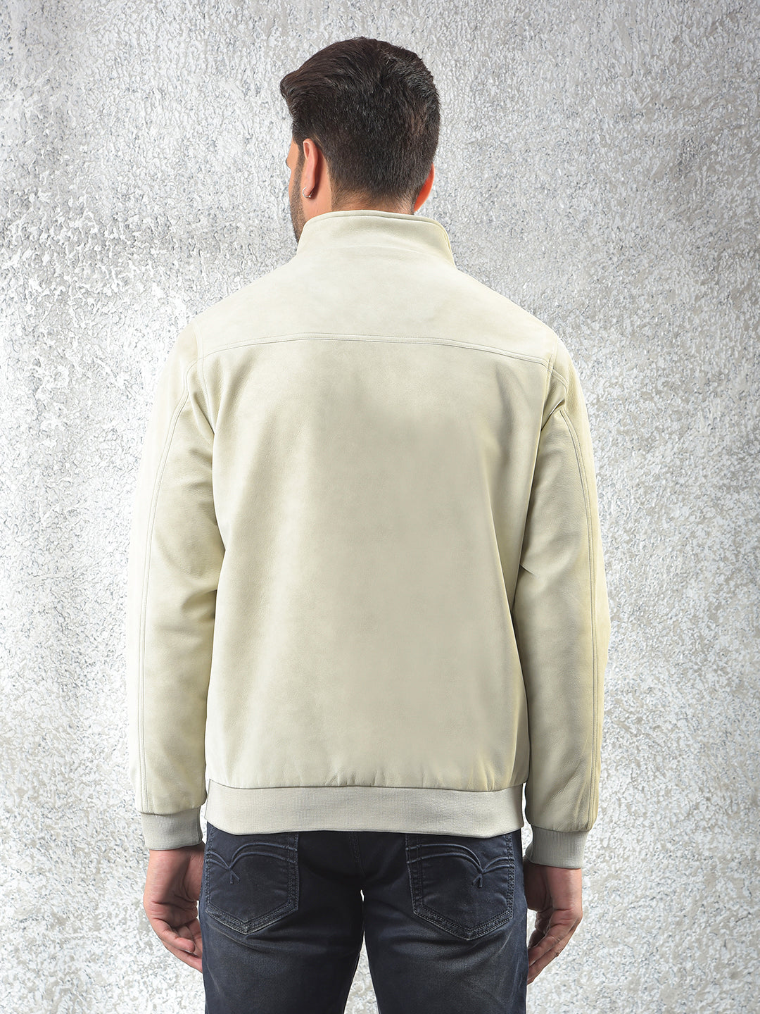 Cream Knit-Panel Casual Jacket