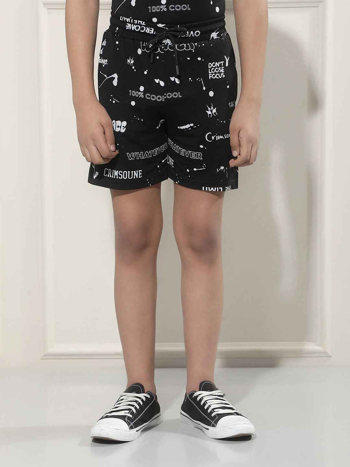 Black Typographic Print Shorts