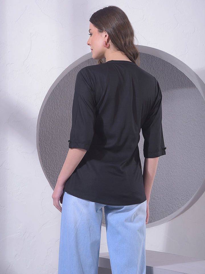 Black Embroidered V-Neck Shirt