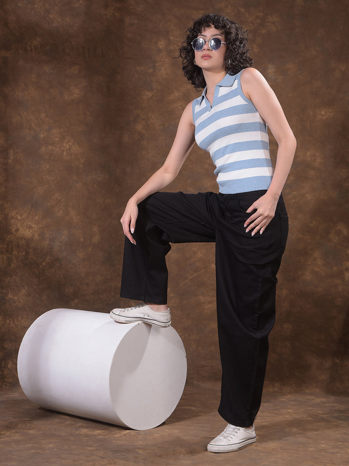 Blue Horizontal Stripes Polo Neck Sleeveless T-Shirt