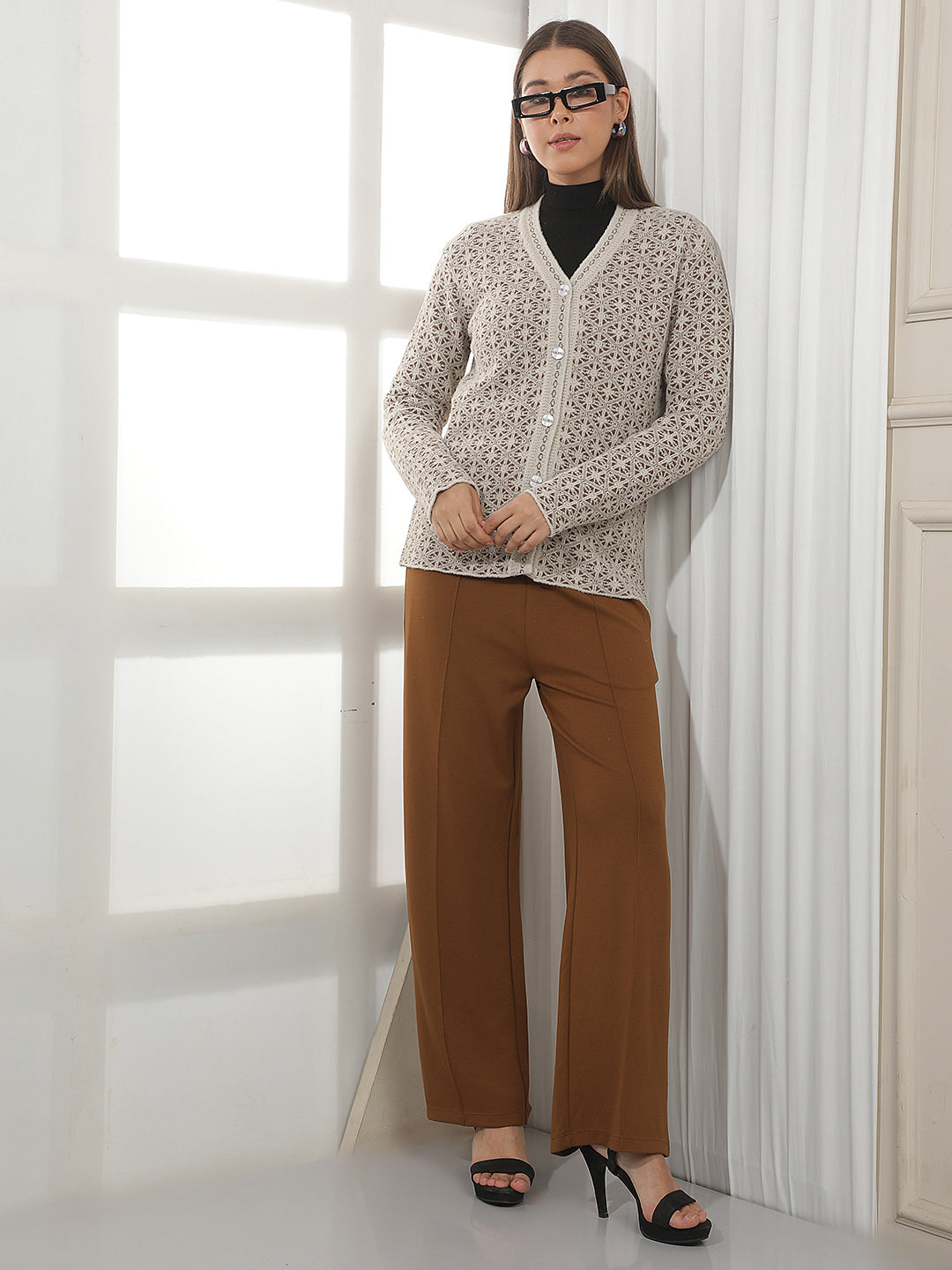 Beige Geomatric Print V-Neck Cardigan