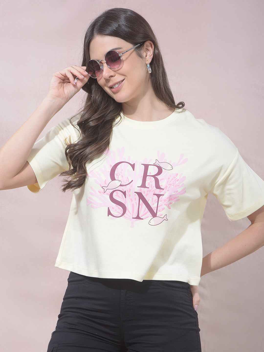 Yellow Typographic Print Cropped T-Shirt