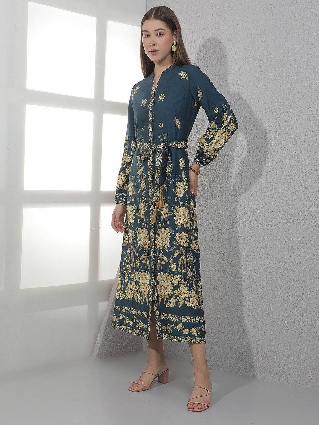 Blue Floral Print Midi Shirt Dress With Belt