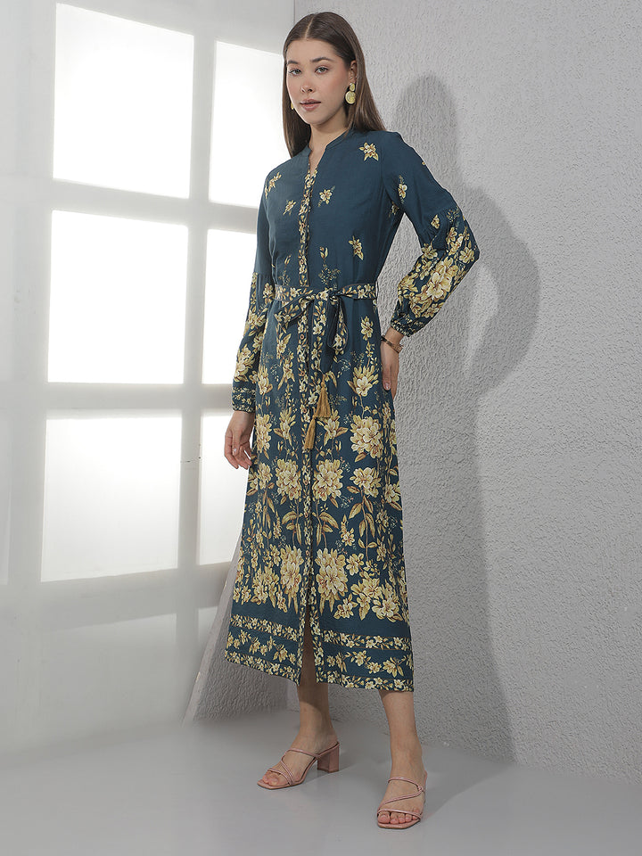 Blue Floral Print Midi Shirt Dress With Belt