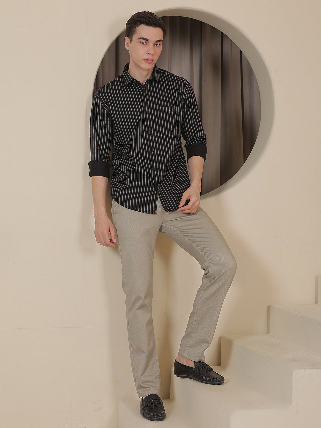 Beige Printed Straight Trousers