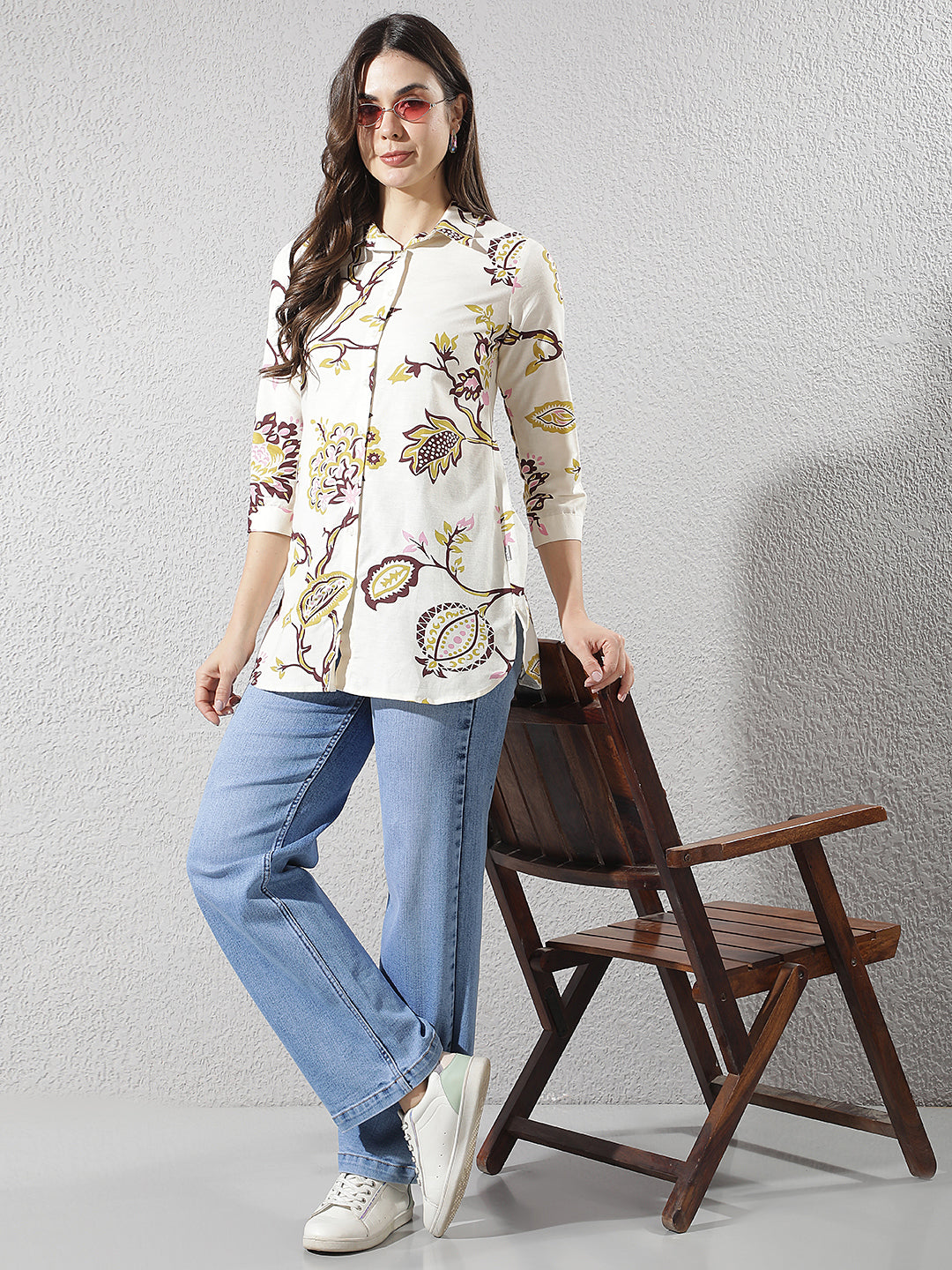 Multi-Color Botanical Print Longline Linen Shirt