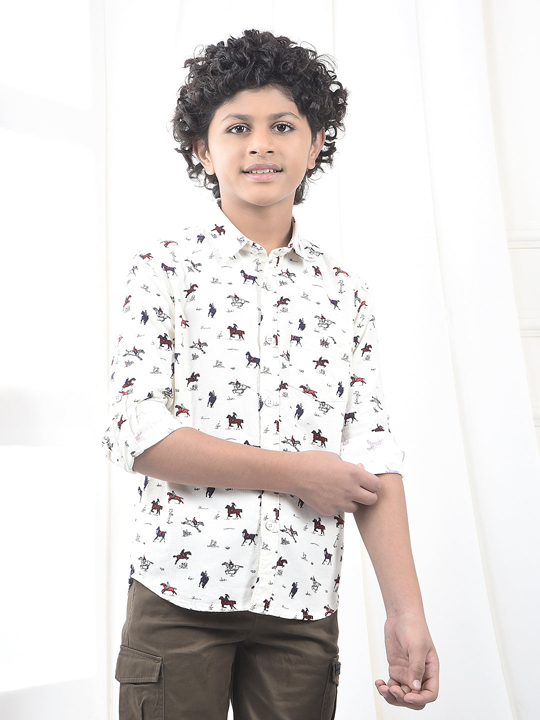 White Printed 100% Cotton Corduroy Shirt