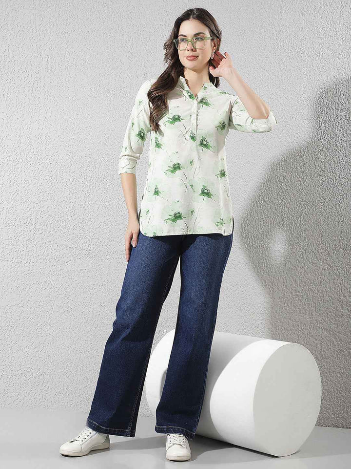 Linen Green Floral Printed V-Neck Top