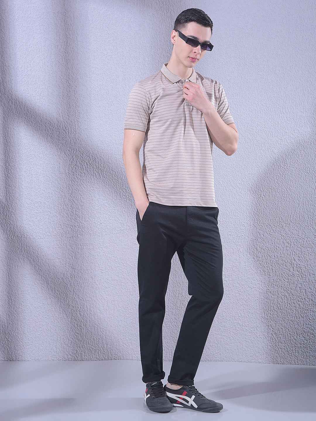 Beige Horizontal Stripes Polo Neck T-Shirt