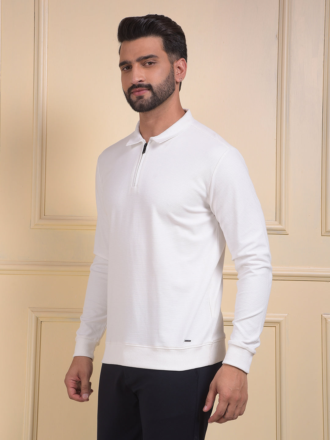 White Jacquard Polo Neck Knitted Sweatshirt