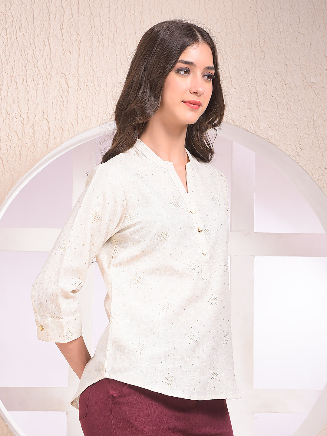 Beige Embellished V-Neck Top