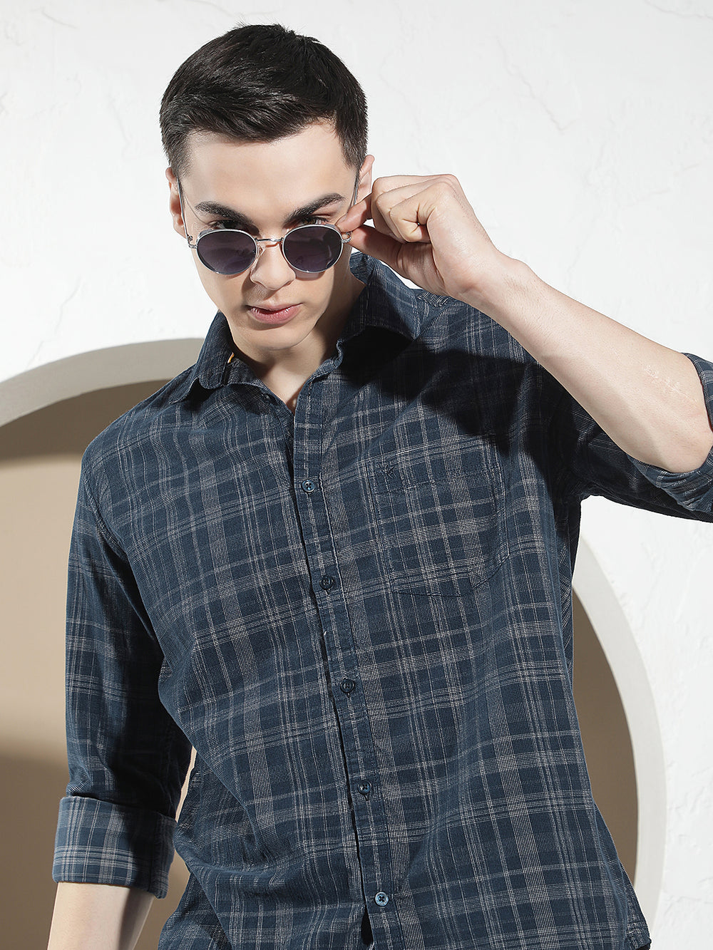 Blue Checked 100% Cotton Corduroy Shirt