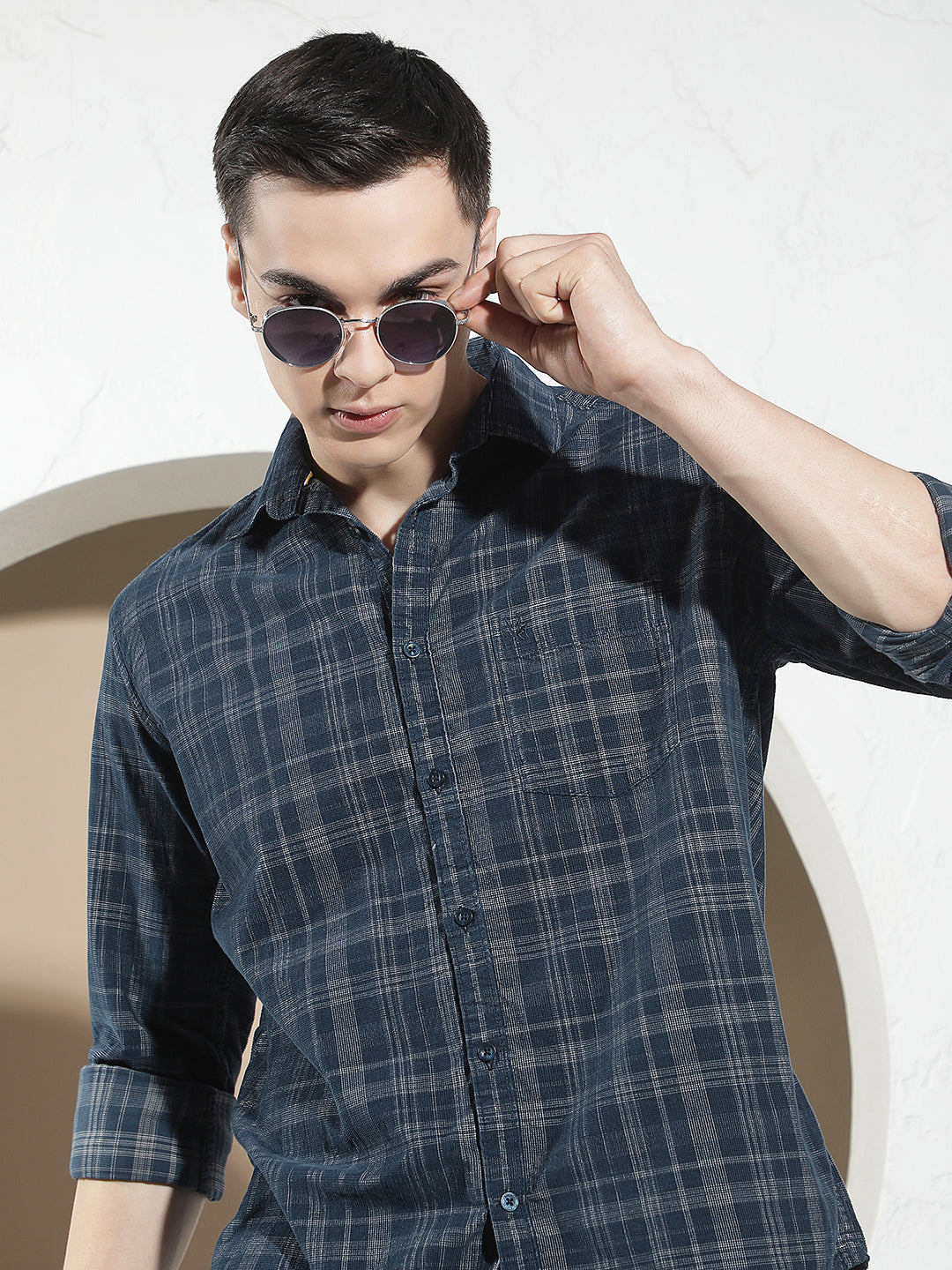 Blue Checked 100% Cotton Corduroy Shirt