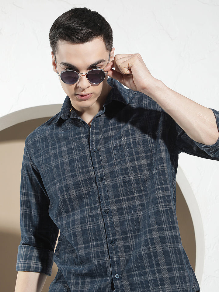 Blue Checked 100% Cotton Corduroy Shirt