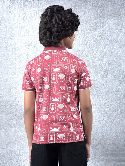 Pink Printed Polo Neck T-Shirt