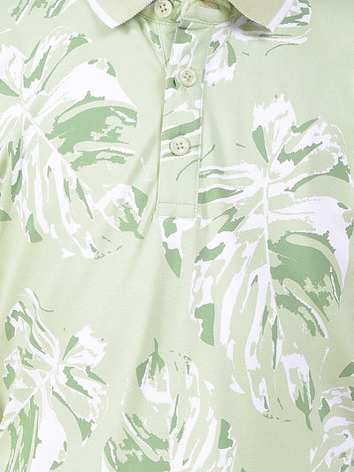 Green Floral Print Polo Neck T-Shirt