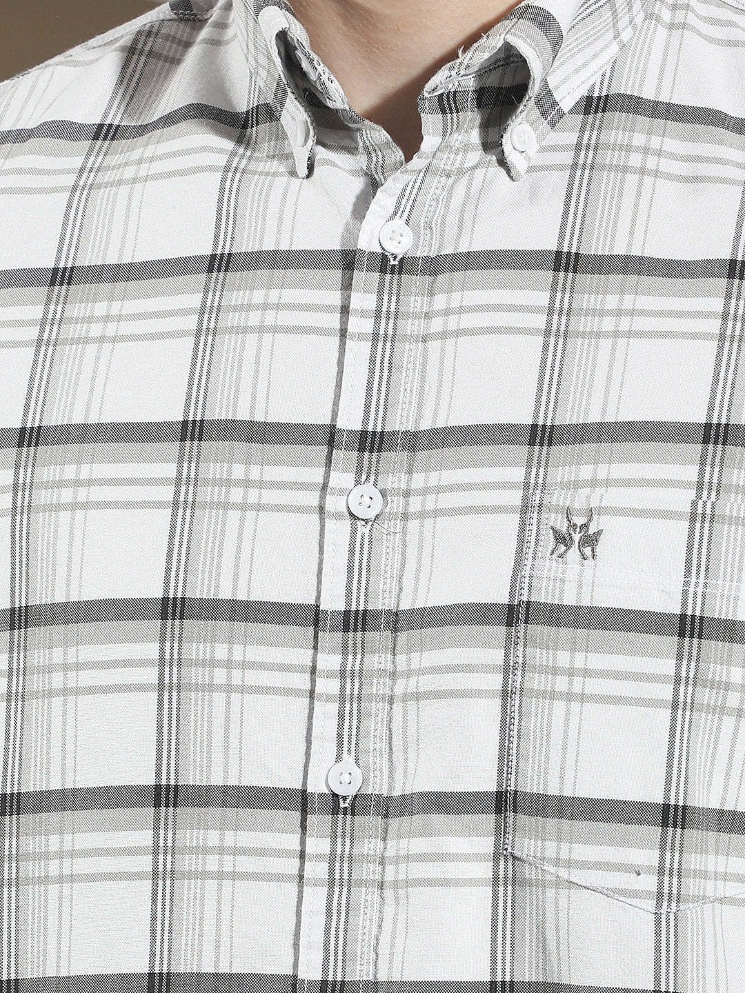 White Checked Button-Down Collar 100% Cotton Shirt