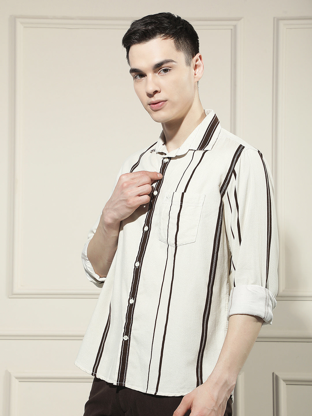 Brown Vertical Stripes 100% Cotton Corduroy Shirt