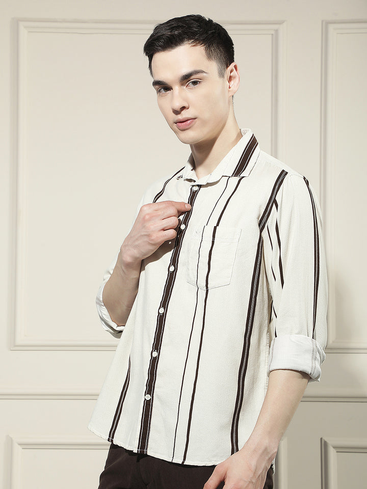 Brown Vertical Stripes 100% Cotton Corduroy Shirt