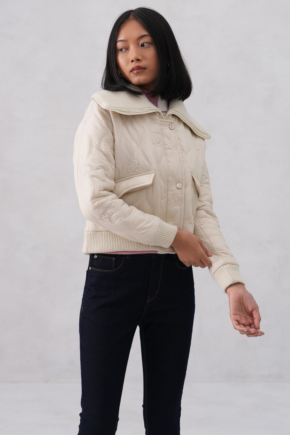 Cream Embellished Quilted Jacket
