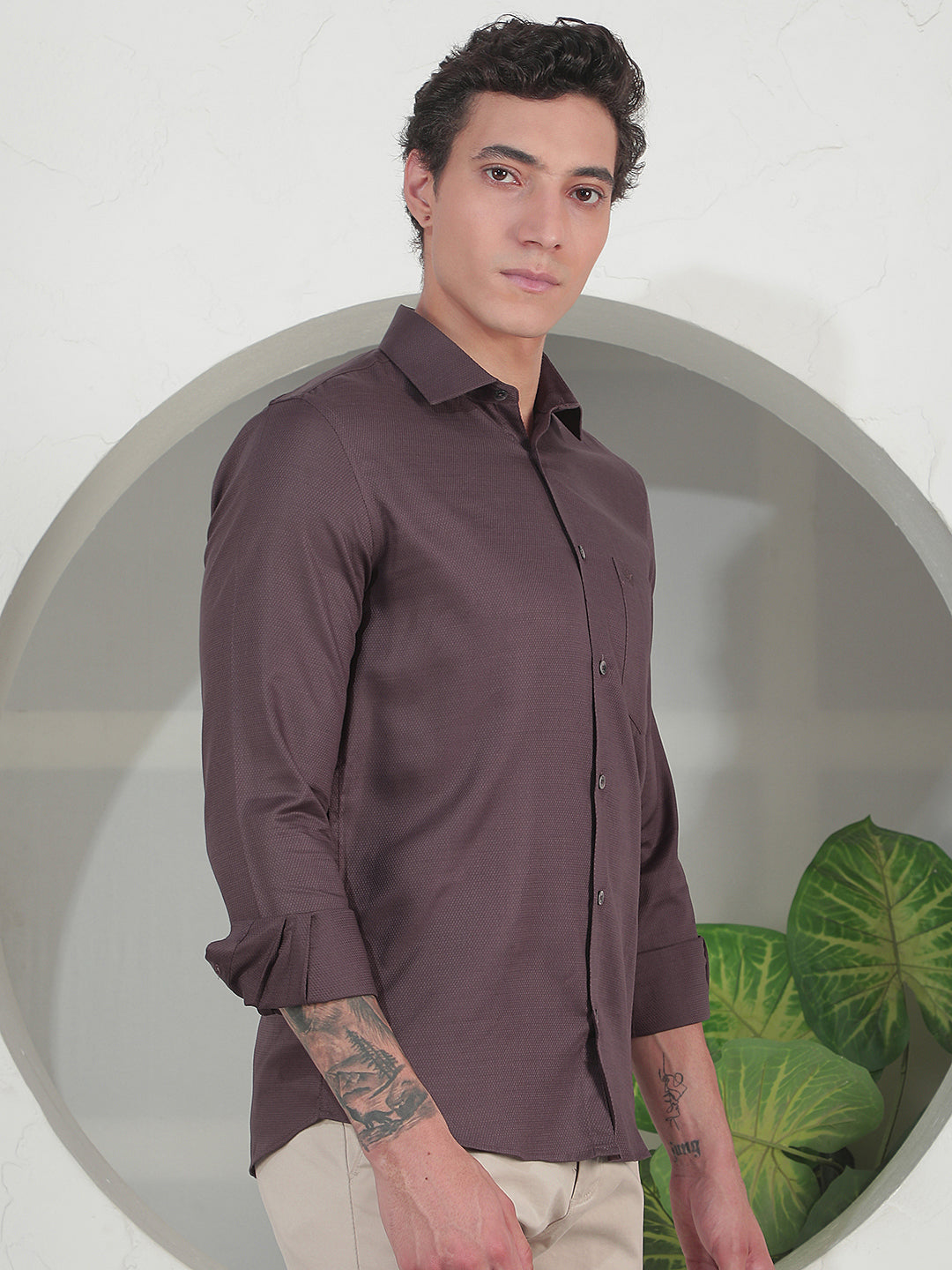 Relaxed Mocha Brown Jacquard Shirt