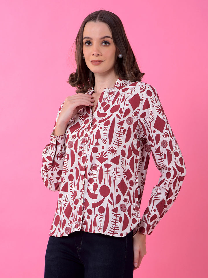 Maroon Printed V-Neck Shirt