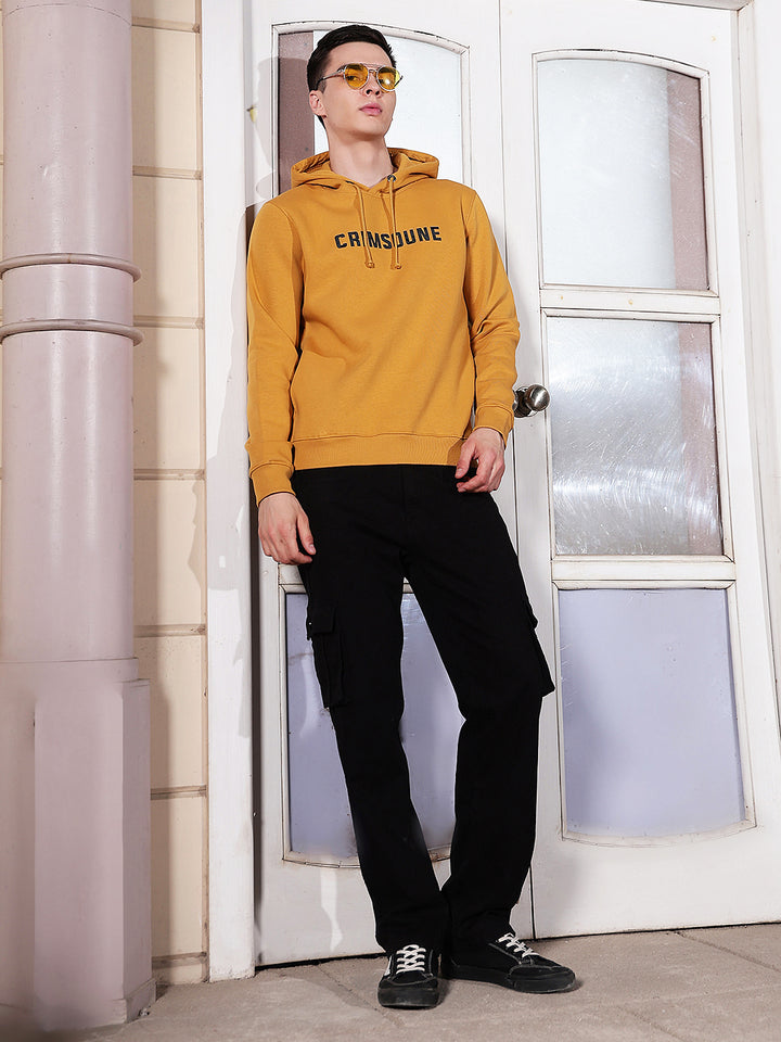 Mustard Typographic Print Hooded Neck Sweatshirt