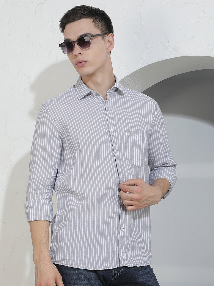 Grey Vertical Stripes Linen Shirt
