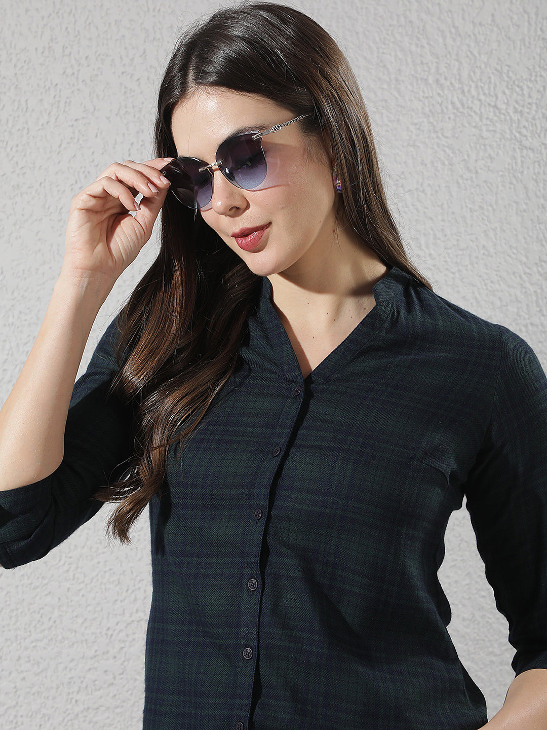 Green Checked V-Neck Shirt