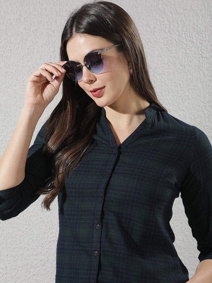 Green Checked V-Neck Shirt