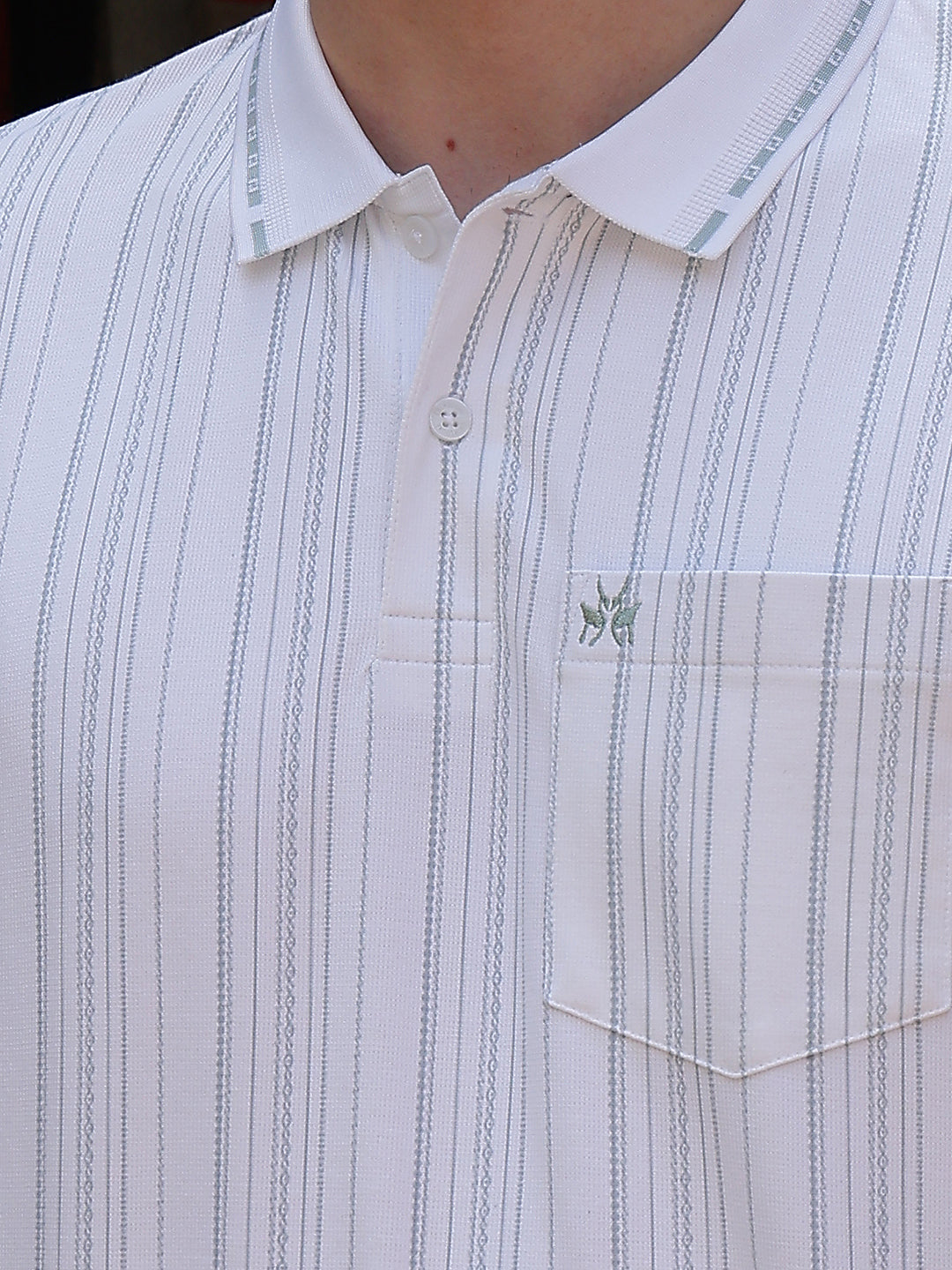 White Vertical Stripes Polo Neck T-Shirt
