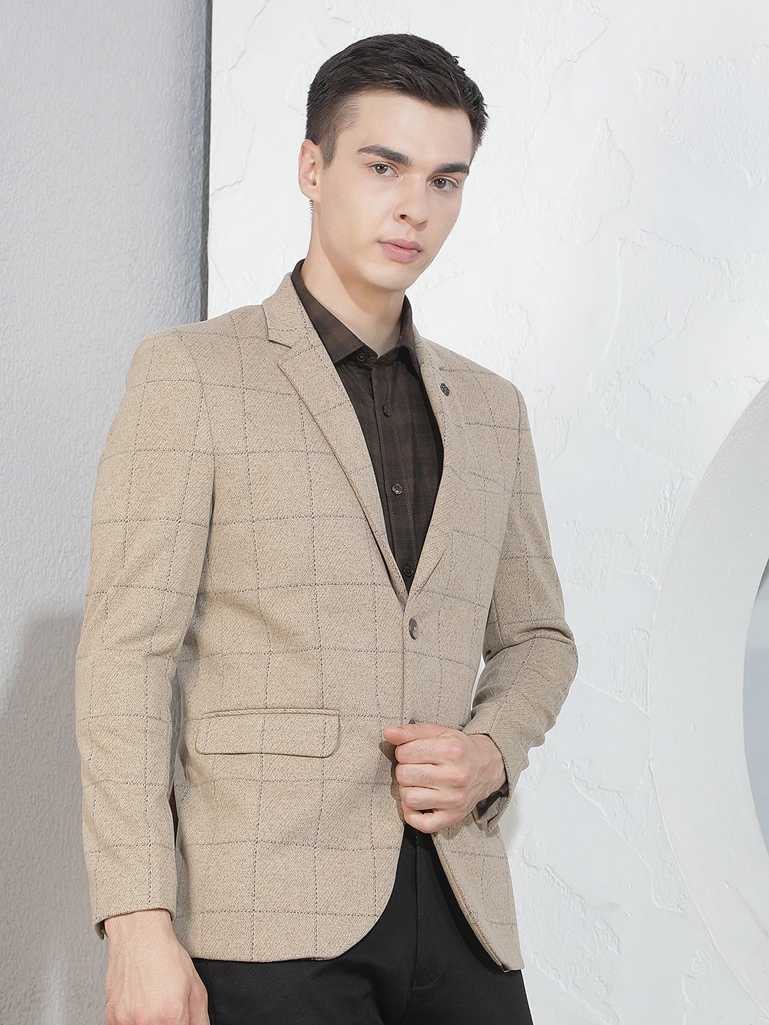 Beige Checked Notched Lapel Blazer