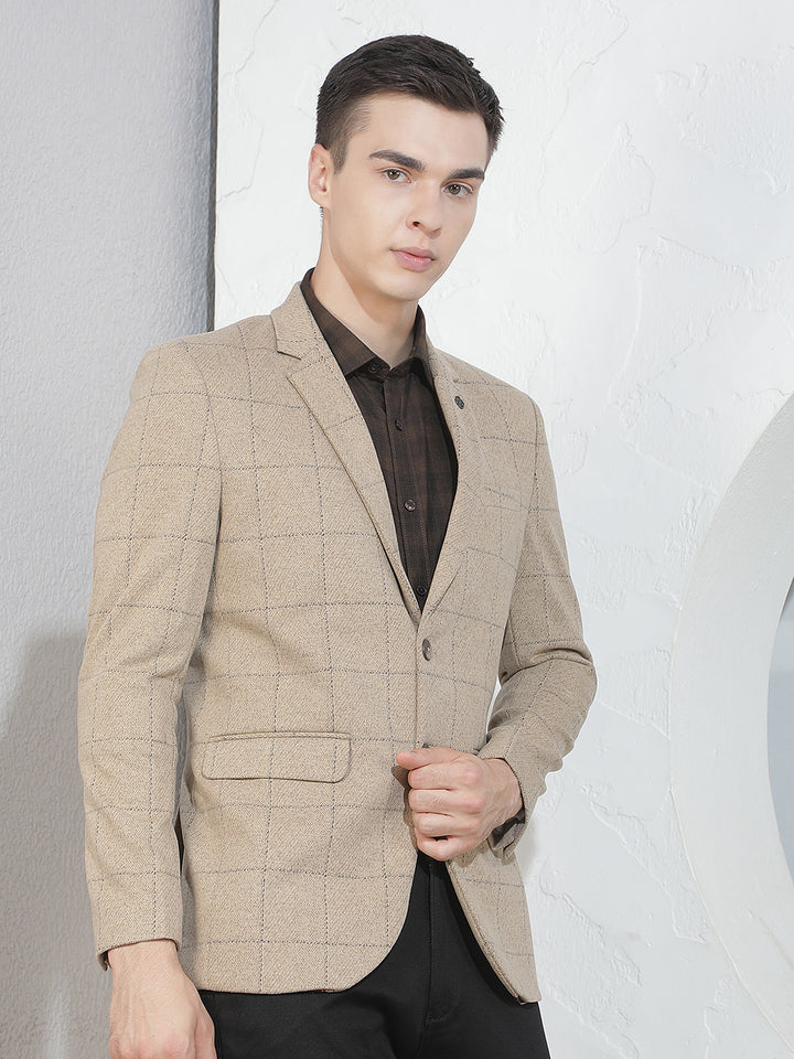Beige Checked Notched Lapel Blazer