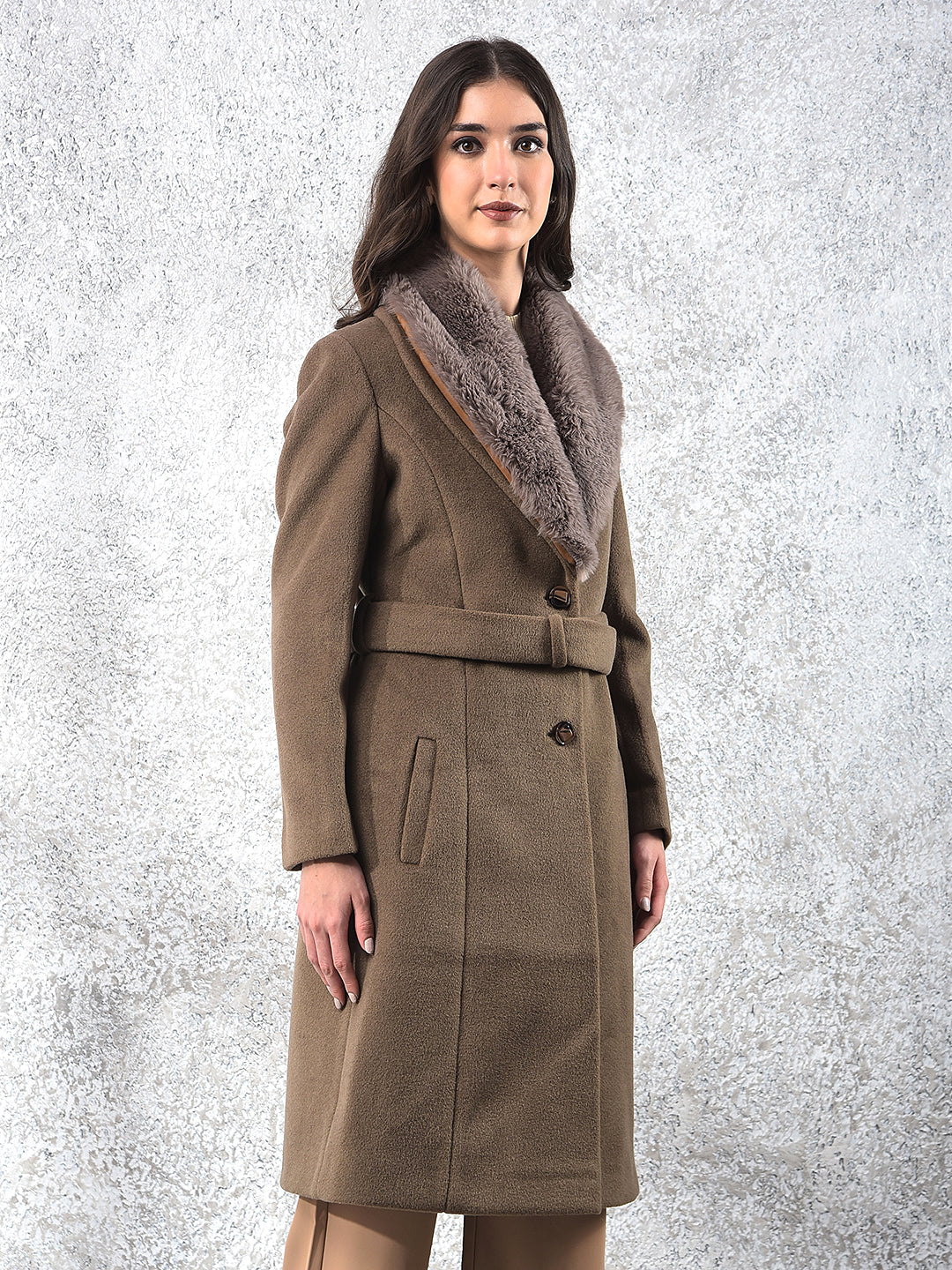 Brown Notched Lapel Overcoat With Belt